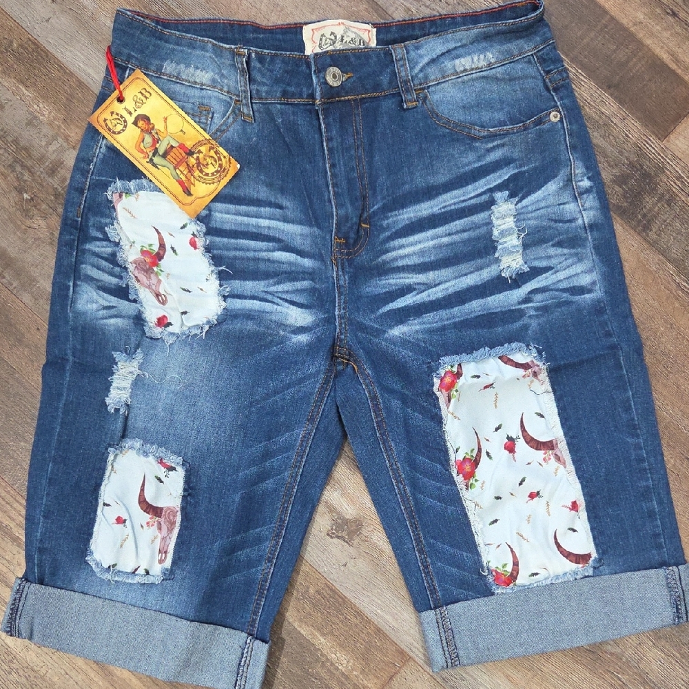 L&B Blue Distressed Jean Shorts with White Patchwork